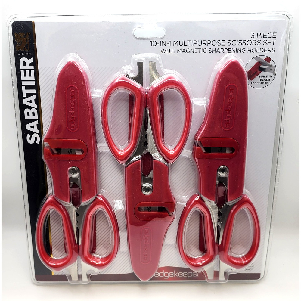 Sabatier 3 Piece 10-In-1 Multipurpose Scissors Set w/ Sharpening Holders Red New